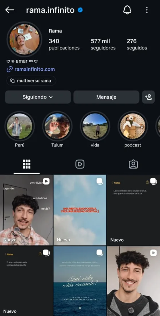 El Instagram actual de Rama, @rama.infinito verificado: +577 mil seguidores